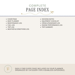 A page index cover for a planner, showing the title 'COMPLETE PAGE INDEX' at the top and a bulleted list of included pages such as cover page, boat planner, maintenance log, fuel log, trip log, weather and conditions log, docking notes, equipment checklist, crew and passenger log, engine performance log, and trip summary. The design is mostly white and light beige with black text and a small gold paper-airplane accent.