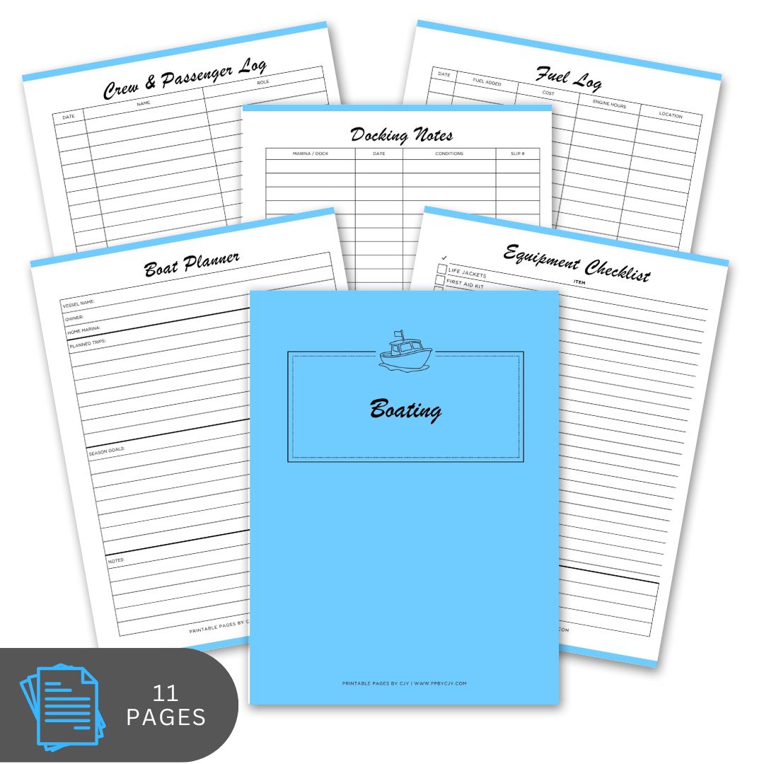 Set of boating logbook pages with a blue cover on a white background
