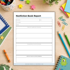 A printable nonfiction book report worksheet page laid flat on a light wood desk, surrounded by school supplies including notebooks, pencils, paper clips, crayons, and star stickers.