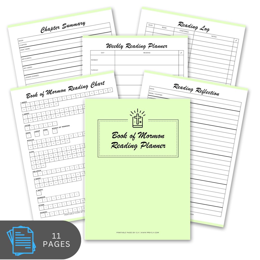 Book of Mormon Reading Planner with various pages on a white background