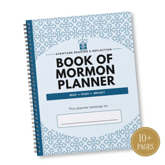 A spiral-bound Book of Mormon Planner with a light blue and white patterned cover, black title text, and a gold circular badge reading '10+ PAGES' on a white background.