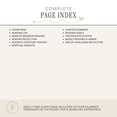 A beige and white digital preview of a 'Complete Page Index' for a reading or journaling planner, outlining included pages such as a cover page, reading log, chapter summary, and spiritual insights.