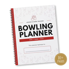 A spiral-bound Bowling Planner with a white cover, red accents, and black text, shown on a clean white background with a gold '10+ Pages' badge.