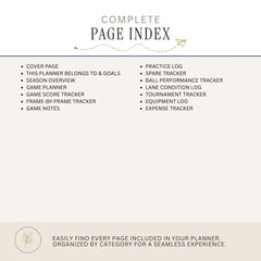 A beige and white page index cover for a planner, showing the title 'COMPLETE PAGE INDEX' and a bulleted list of included page types such as cover page, practice log, spare tracker, ball performance tracker, and expense tracker.