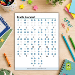 A Braille alphabet printable sheet displayed on a light wood desk, surrounded by colorful school supplies including notebooks, pencils, paper clips, and star stickers.