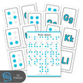 Set of Braille alphabet flashcards with blue and gray dots on a white background.