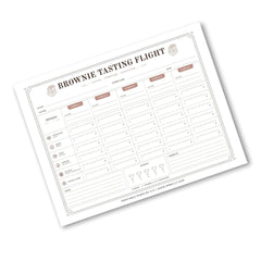 A printable brownie tasting flight chart template with columns for date, time, temperature, and notes, shown on a clean white background.