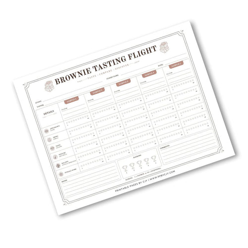 A printable brownie tasting flight chart template with columns for date, time, temperature, and notes, shown on a clean white background.