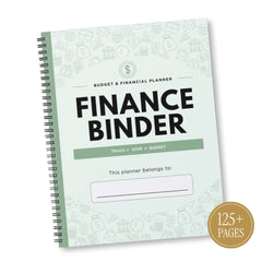 A spiral-bound finance planner notebook with a mint green cover, black text reading 'FINANCE BINDER,' and a gold circular badge that says '125+ PAGES.' The cover has subtle light green financial icons and a white title block.
