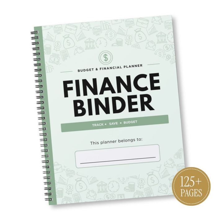 A spiral-bound finance planner notebook with a mint green cover, black text reading 'FINANCE BINDER,' and a gold circular badge that says '125+ PAGES.' The cover has subtle light green financial icons and a white title block.