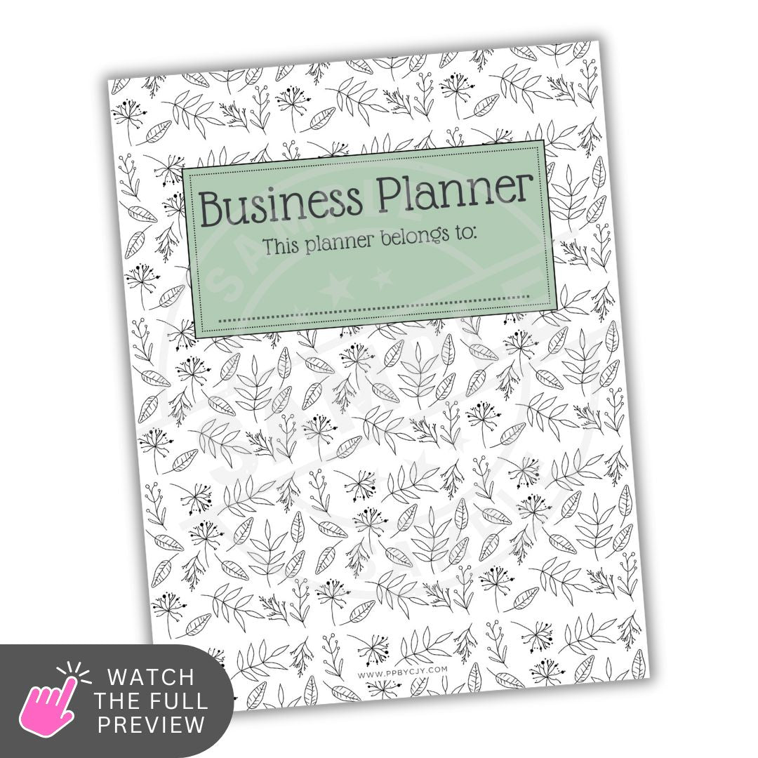 Business planner with leaf pattern and green label on white background
