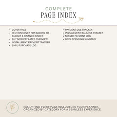 A beige promotional graphic for a complete page index in a planner, listing included pages such as cover page, payment due tracker, installment balance tracker, missed payment log, and BNPL spending summary.