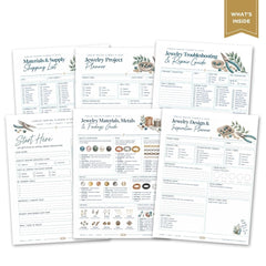 A set of six printable jewelry-making planner pages arranged on a white background, with a gold ribbon in the top-right corner reading 'WHAT'S INSIDE.' The pages include a shopping list, planner, repair guide, start here sheet, materials and metals guide, and a design inspiration planner.