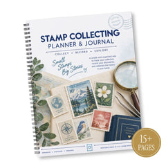 A spiral-bound 'Stamp Collecting Planner & Journal' shown at an angle on a white background. The cover features illustrations of vintage postage stamps, a magnifying glass, tweezers, and a blue passport, with text including 'Small Stamps Big Stories' and a gold badge reading '15+ PAGES'.