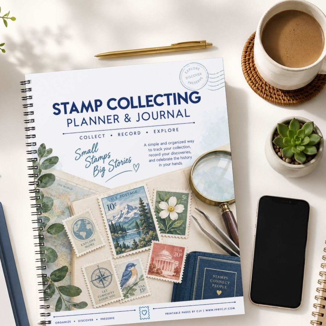 A spiral-bound 'Stamp Collecting Planner & Journal' lies open on a light surface, surrounded by a coffee cup, pen, magnifying glass, smartphone, succulent, and another notebook. The cover features illustrated postage stamps and the title 'Stamp Collecting Planner & Journal'.