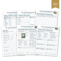 Six printed stamp collecting planner and journal pages arranged in a fan layout on a white background, with a gold ribbon in the top-right corner reading 'WHAT'S INSIDE'. The pages show blue headings and lined writing areas for stamps, purchases, and acquisition logs.