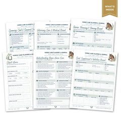 Six printable horse care planner and journal pages arranged in a fan layout on a white background, with a gold 'WHAT'S INSIDE' ribbon in the top right corner.