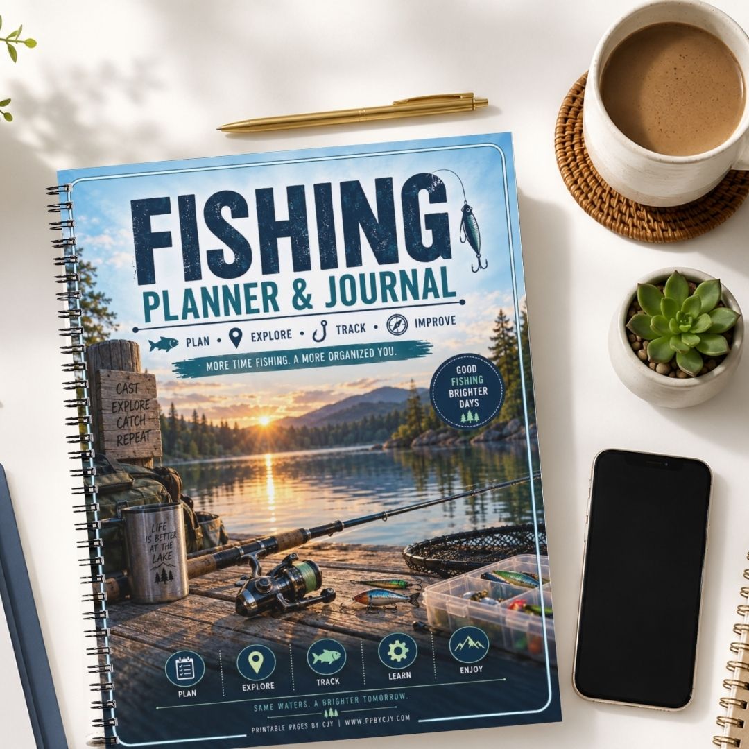 A spiral-bound Fishing Planner & Journal lies open on a white desk, surrounded by a coffee cup, a pen, a small succulent, and a smartphone. The cover features a scenic lake sunset with fishing gear and large bold text reading 'FISHING PLANNER & JOURNAL'.