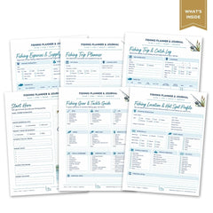 Six printed fishing planner and journal pages arranged in a fan layout on a white background, with a gold 'WHAT'S INSIDE' ribbon in the top-right corner.