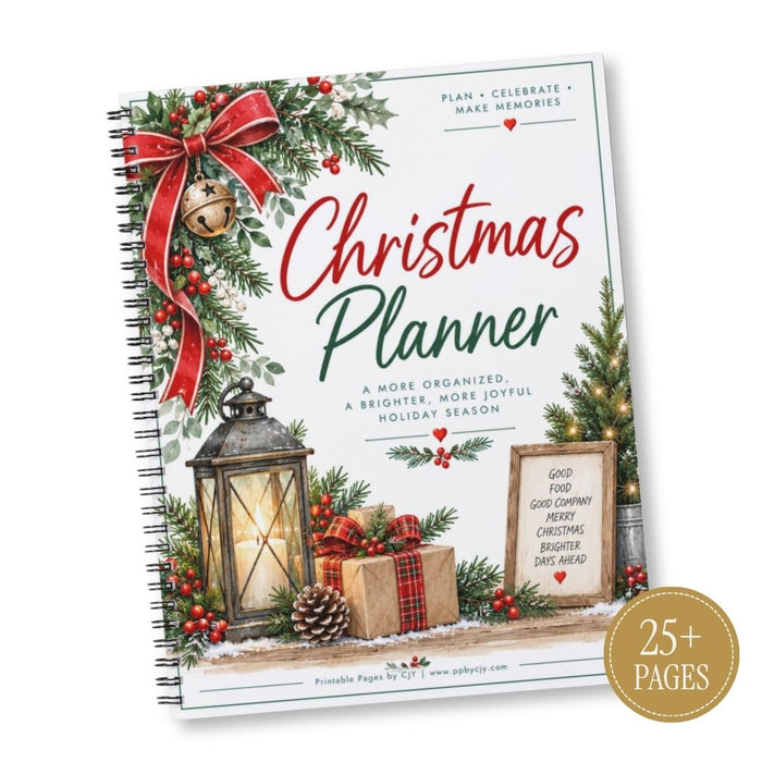 A spiral-bound Christmas planner shown at an angle on a white background. The cover features festive holiday illustrations including a red bow, green pine garlands, red berries, wrapped gifts, a lantern, and a small framed sign with holiday phrases.