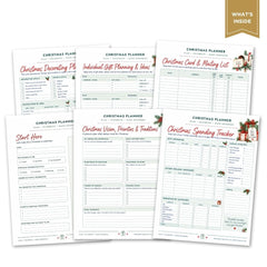 Six printable Christmas planner sheets arranged on a white background, including pages for a Christmas decorating plan, gift planning and meals, card and mailing list, start here, vision and traditions, and spending tracker. A gold ribbon in the top right says 'WHAT'S INSIDE'.