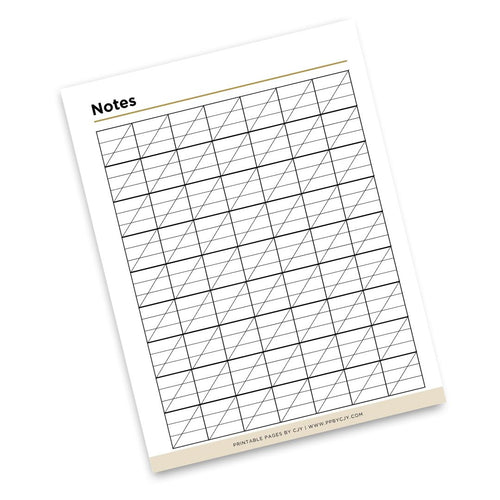 A single printed notes page with a grid layout, shown at an angle on a plain white background. The page has the word 'Notes' at the top and fine print along the bottom edge.