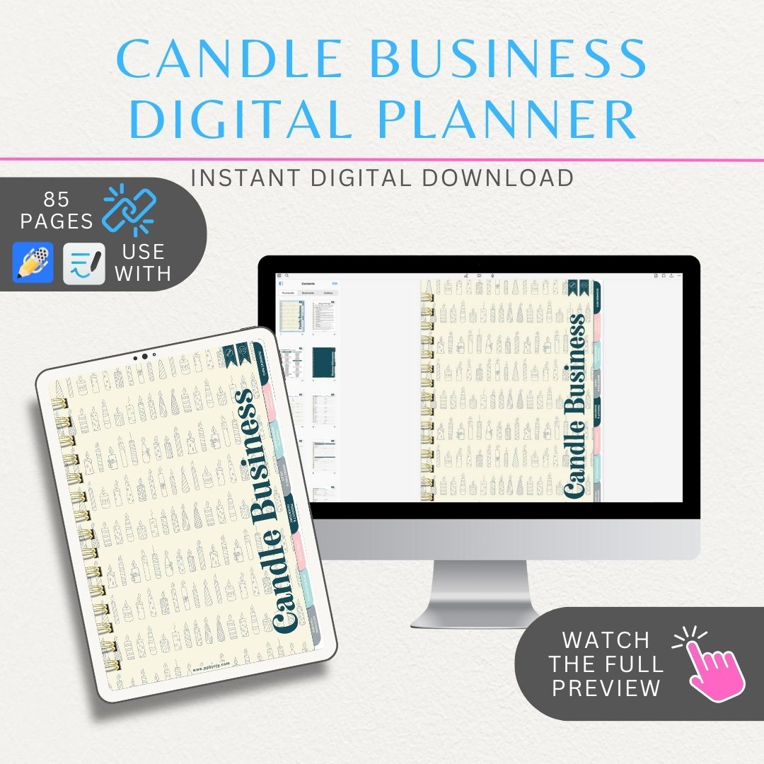 Candle Business Digital Planner with 85+ hyperlinked pages, featuring inventory trackers, sales logs, and recipe sheets