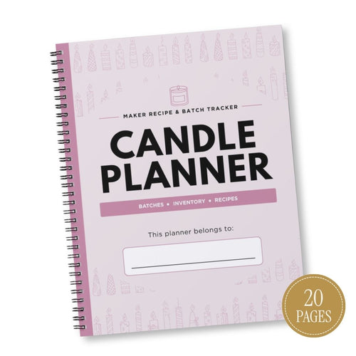 A spiral-bound 'Candle Planner' notebook with a light pink cover, black text, and a gold '20 PAGES' badge in the corner, shown on a white background.