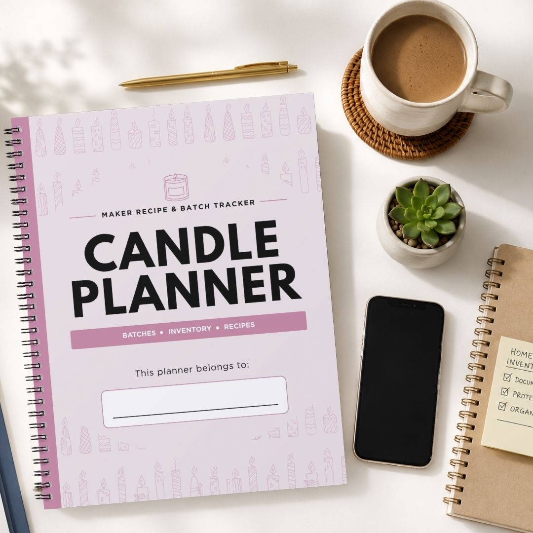 A spiral-bound 'Candle Planner' with a lavender cover is displayed in a styled flat-lay arrangement on a white surface, surrounded by a cup of coffee, a smartphone, a small succulent, and other notebooks.