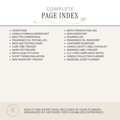 A digital preview of a fragrance oil planner's complete page index, showing a list of included pages such as a cover page, candle formula worksheet, fragrance oil testing log, and production logs, on a light beige background.