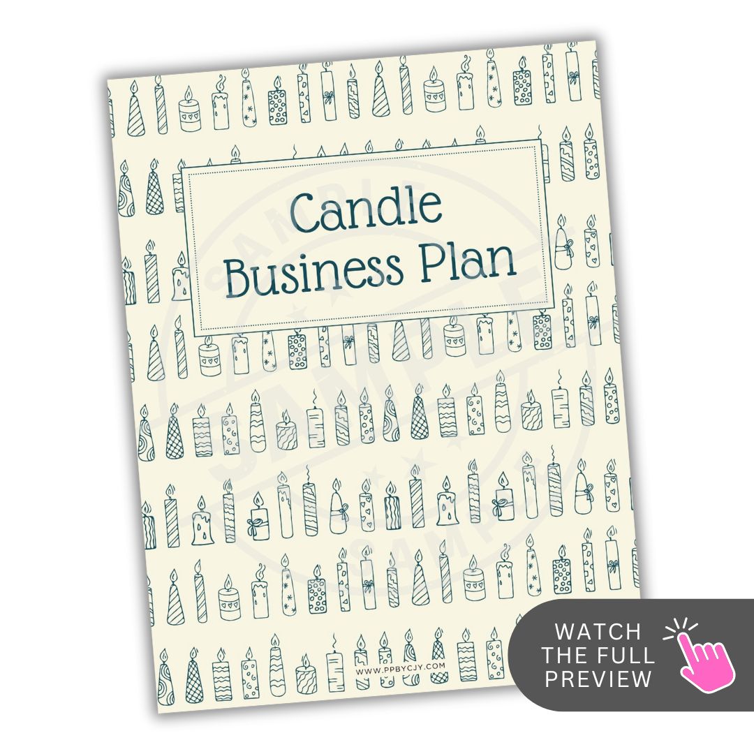 Book titled 'Candle Business Plan' with candle illustrations on a white background