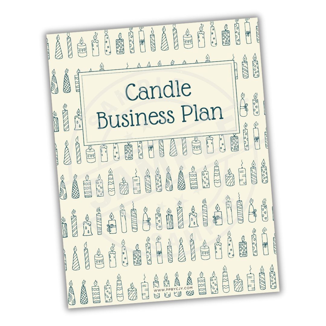 Book titled 'Candle Business Plan' with candle illustrations on a white background
