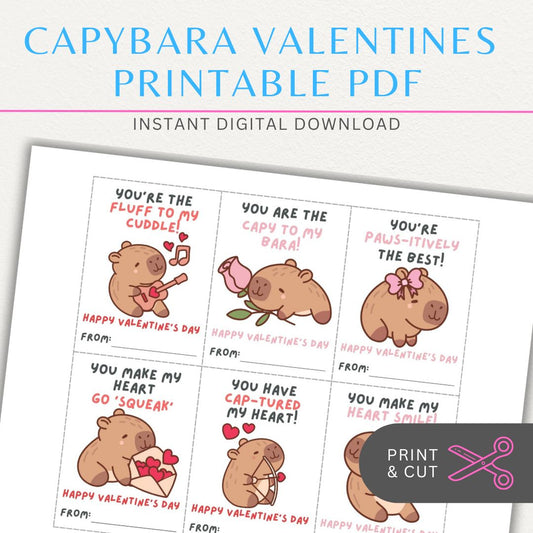 Capybara-themed Valentine's Day printable sheets with six adorable designs featuring capybaras for a fun, quirky celebration.

