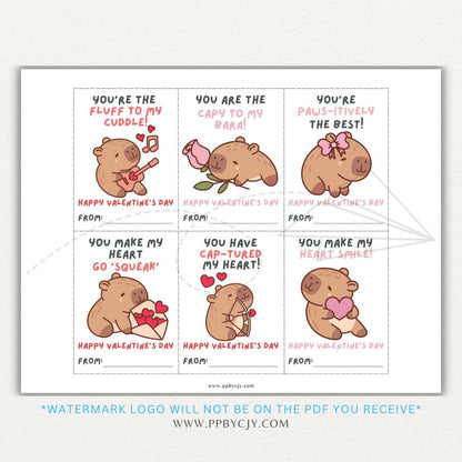 Capybara-themed Valentine's Day printable sheets with six adorable designs featuring capybaras for a fun, quirky celebration.

