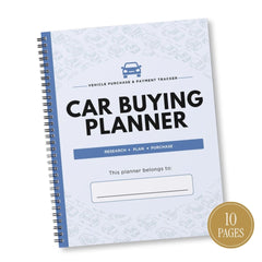 A spiral-bound Car Buying Planner notebook with a white cover featuring light blue car illustrations, bold black title text, and a blue side binding strip. A gold circular badge in the lower right corner reads '10 PAGES'.