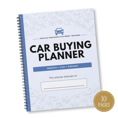 A spiral-bound Car Buying Planner notebook with a white cover featuring light blue car illustrations, bold black title text, and a blue side binding strip. A gold circular badge in the lower right corner reads '10 PAGES'.