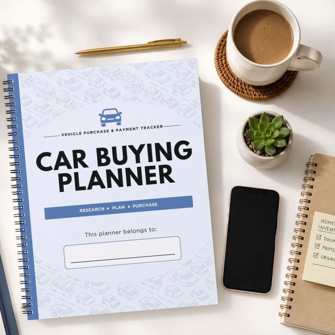 A spiral-bound 'Car Buying Planner' notebook is displayed in a styled flat-lay arrangement on a white desk, surrounded by a cup of coffee, a smartphone, a small succulent, and other notebooks.