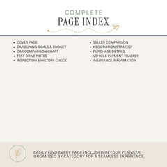 A digital preview of a complete page index for a car buying planner, featuring a structured outline of included pages such as cover page, car buying goals and budget, test drive notes, seller comparison, and vehicle payment tracker on a light beige background.