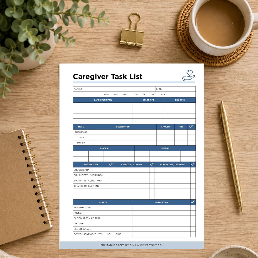A Caregiver Task List printable sheet displayed on a wooden desk flat-lay. The white paper template features blue headers and black text, surrounded by lifestyle props including a coffee cup, a gold binder clip, a spiral notebook, a pen, and a potted plant.