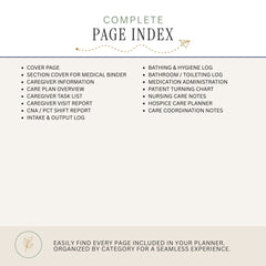 A page index cover for a planner or care planner, showing the title 'COMPLETE PAGE INDEX' at the top and a bulleted list of included pages below on a light beige background.