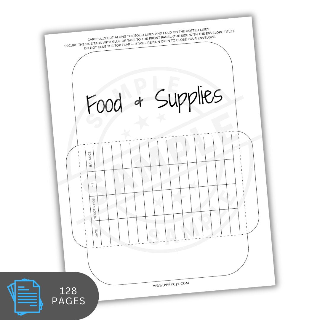 Blank form with 'Food & Supplies' text and grid for entries on a white background