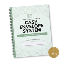 A spiral-bound planner titled 'Cash Envelope System' with a pale mint cover, black text, and subtle financial-themed line icons. A gold circular badge in the lower right says '9 PAGES.