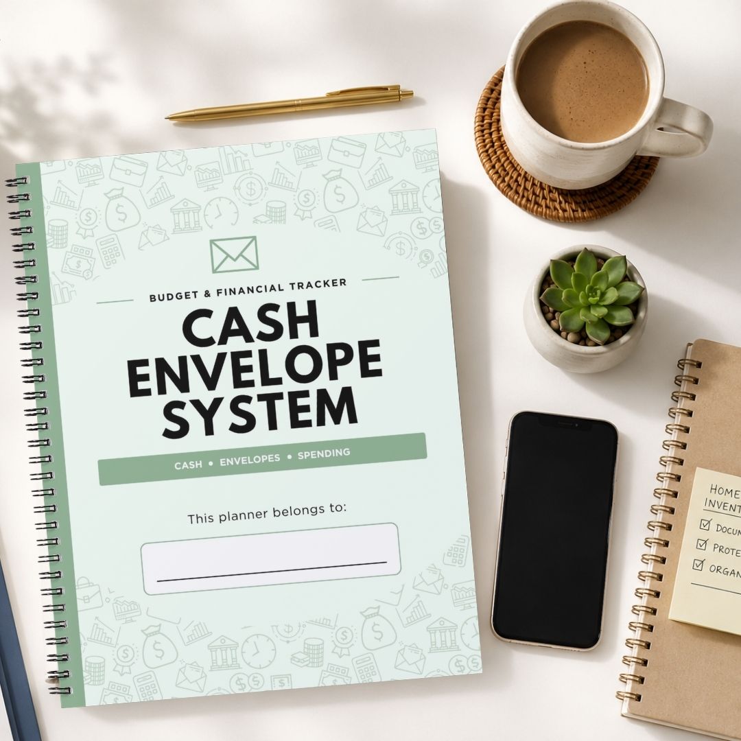 A spiral-bound cash envelope tracker planner lies on a white desk surrounded by a coffee cup, a pen, a small succulent, a smartphone, and another notebook.