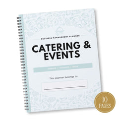 A spiral-bound business management planner titled 'Catering & Events' on a white background, with a gold circular badge in the bottom right corner that reads '10 Pages'.