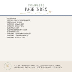 A digital graphic preview of a planner insert page titled 'COMPLETE PAGE INDEX' with a bulleted list of included pages such as cover page, event planner, guest count sheet, and delivery log, on a light beige background.