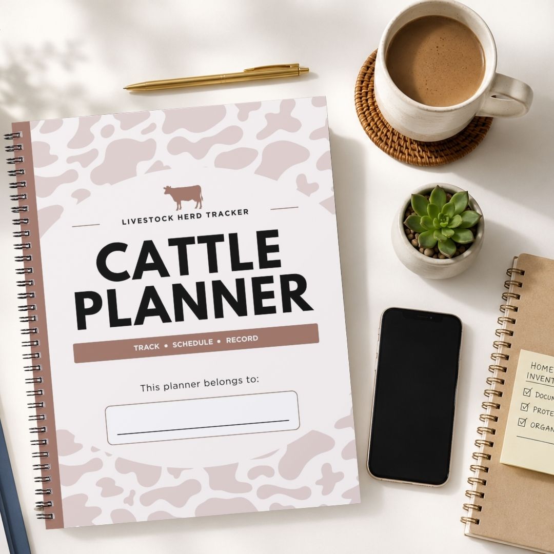 A spiral-bound Cattle Planner notebook with a white and dusty pink cow-print cover is displayed in a styled flat-lay on a white desk. The planner is surrounded by lifestyle props including a cup of coffee on a coaster, a small potted succulent, a smartphone, and another notebook.