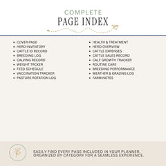 A digital preview of a complete page index for a cattle or herd management planner, showing a list of included pages in two columns on a warm beige background.