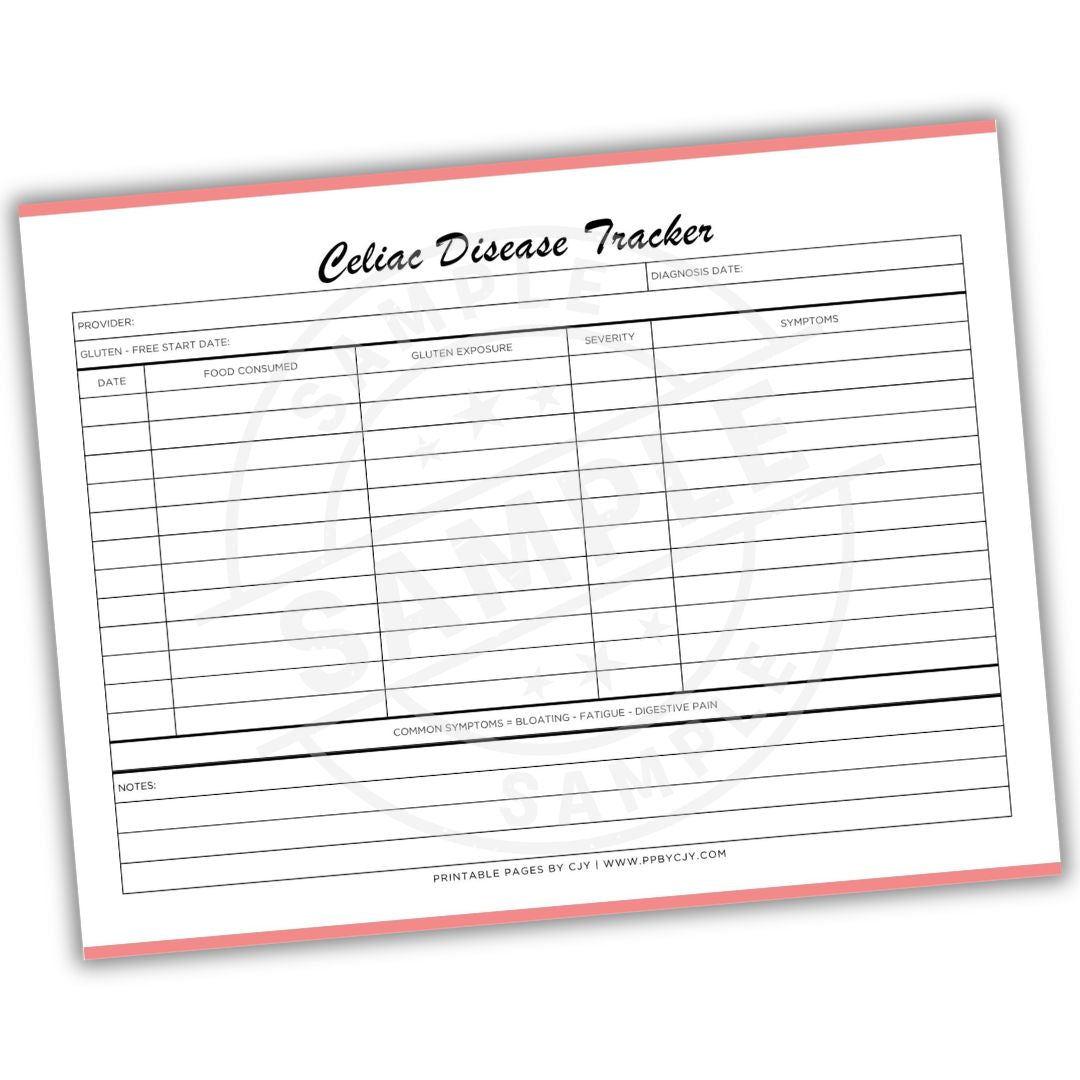 Celiac Disease Tracker sheet with columns for tracking symptoms and food intake on a white background.