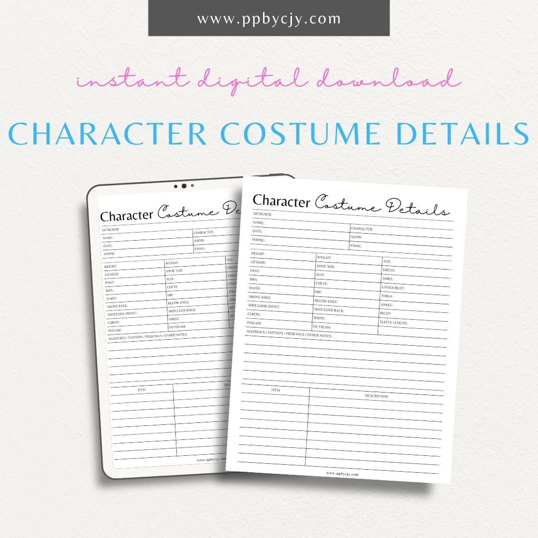 Character Costume Details Printable PDF Template for planning and organizing costume design

