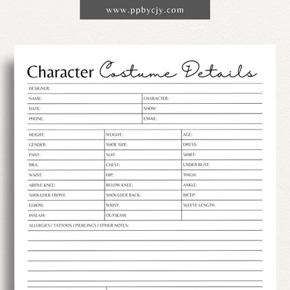 Character Costume Details Printable PDF Template for planning and organizing costume design

